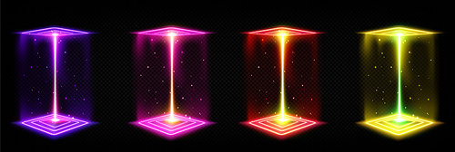 3d hologram square neon light effect game portal. Technology metaverse cube stage frame for scifi teleport concept in pink, yellow, purple and red. Abstract vr interface vector magic hud gate