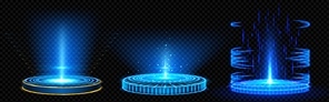 Digital portals on circle podiums with hologram and light effects. 3d futuristic platforms with blue neon beams isolated on transparent background, vector realistic set