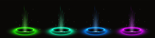 Circle hologram of podium, digital portal with neon light effect. Futuristic platform of teleport with glow, rays and sparkles isolated on black background, vector realistic set