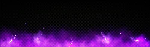 Realistic thunder light and purple smoke cloud bottom frame. Mysterious lightning glow border wide panoramic element. Fluffy magic spell mist glowing with bolt energy charge overlay color design