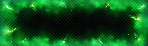 Frame made of green smoke and lightning bolts with overlay effect. Realistic transparent vector border with fog and thunderstorm or energy charges. Bright glowing and luminous sparks in fume.