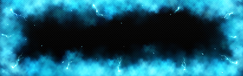 Blue lightning and smoke effect frame background. 3d abstract thunder glow cloud border design element. Isolated glowing thunderbolt impact overlay with fluffy texture. Transculent fog with sparkle