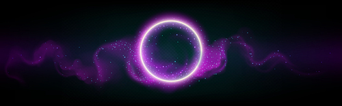 Neon glowing circle with cloud or smoke and sparkles. Realistic vector illustration of led light purple ring with fog effect on dark background. Magic or futuristic game frame or portal with haze.