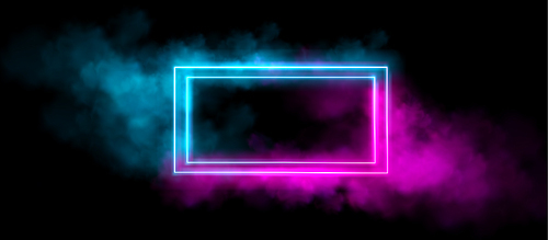 Rectangular neon light frame in cloud of smoke on black background. Vector realistic illustration of turquoise and pink border glowing in transparent mist, nightclub led illumination banner design