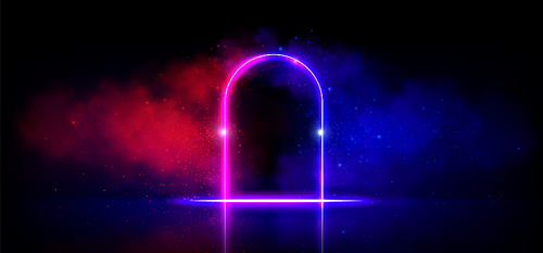 Arch door frame with glowing neon effect and steam. Pink and purple gradient luminous frame surrounded by fog and bright sparkles. Realistic vector illustration of illuminated portal or stage entrance