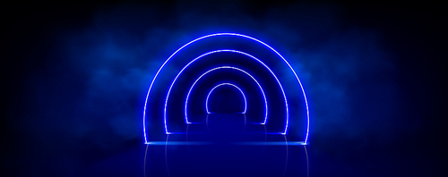 Blue arch tunnel door frame with glowing neon effect and steam. Luminous frame surrounded by fog and bright sparkles - realistic vector of illuminated portal, access to stage or passage along hallway.