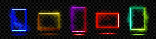 Colorful neon light rectangles set isolated on transparent background. Vector realistic illustration of frames in clouds of smoke, magic gate glowing in dark space, teleport door, night show decoration