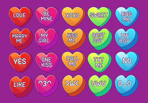Set of colorful conversation candies isolated on background. Vector contemporary illustration of retro style heart shape sweets with romantic love, kiss, hug, flirt messages and wishes. Valentine Day