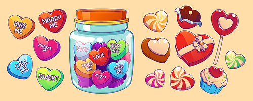 Colorful love conversation candies isolated on background. Vector contemporary illustration of heart sweets in glass jar, delicious lollipop, nice chocolate dessert, muffin, cookies. Romantic gift