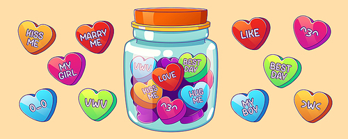Sweet valentines, candies in heart shape for love conversation. Cute sweethearts candies with text messages in glass jar, vector illustration in contemporary style isolated on background