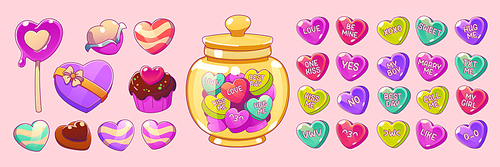 Valentine day heart candies and conversation sweets in symbol of love shape. Cute sweethearts in glass jar, chocolate cupcake, lollipop, hard sugar candies and gift box, vector illustration