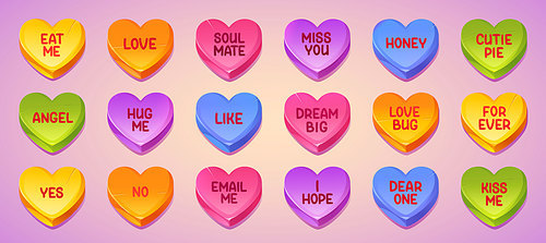 Love conversation sweets, heart shape candies with romantic texts. Sweet valentines with love messages, cute colorful candies isolated on background, vector cartoon set
