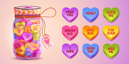 Valentine conversation heart candy in glass jar cartoon valentine day illustration. Pink, purple and blue romance sugar treat with romance message note. Isolated confectionery with prediction.
