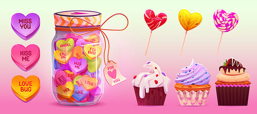 Sweet heart candies, cakes and lollipops for love conversation, gift for Valentines day, birthday party or wedding. Desserts and sweets in heart shape, vector cartoon set