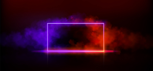 Neon futuristic door frame with luminous and fog. Realistic vector illustration of glowing red and purple gradient led rectangular portal with fog on black background. Laser horizontal border.
