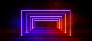 3D led light portal perspective on grid background. Vector realistic illustration of blue and red neon rectangle arch, clouds of transparent smoke, retro wireframe landscape, 80s disco stage design