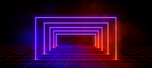 3D led light portal perspective on grid background. Vector realistic illustration of blue and red neon rectangle arch, clouds of transparent smoke, retro wireframe landscape, 80s disco stage design