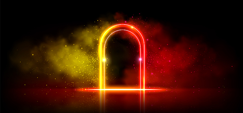Neon effect arched door frame with luminous steam. Red and yellow gradient glowing frame surrounded by fog and bright glitter. Realistic vector illustration of led portal border or stage doorway.