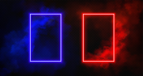 Neon light doors in blue and red smoke on transparent background. Vector realistic illustration of rectangle frame portals surrounded with color mist clouds, magic gate glowing in dark space, teleport