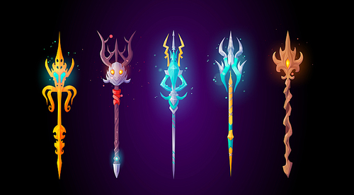 Magic staff icon. Devil trident and spear cartoon fantasy ui set. Gold mythology pitchfork for demon illustration. Magician blue neptune weapon with arrow isolated. Warlock lance for game interface