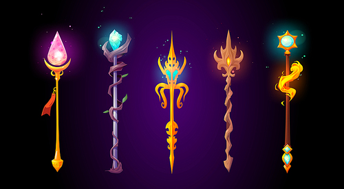 Cartoon vector magic fantasy game ui trident weapon. Wizard spear staff set for rpg gui. Wooden and gold sorcery wand isolated illustration collection. Glow magician battle witchcraft with blue gem