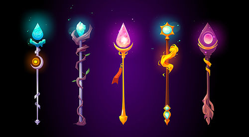 Magic wands, wizard staves, fantasy game weapon. Magician gold and silver sticks, sorcerer scepters with shiny gems, ice crystal and fire isolated on background, vector cartoon set