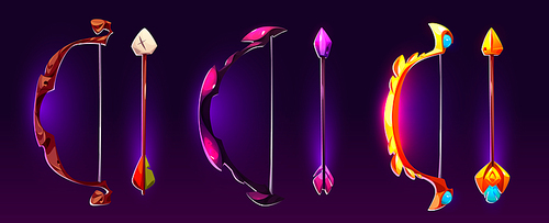 Bow and arrow with neon glowing decorative elements and magic powers for game levels or rank. Cartoon vector illustration set of fantastic wooden, stone and gold archery shoot weapon for rpg.