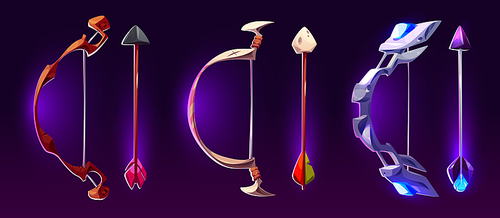 Archery bow and arrow with magical powers. Cartoon vector illustration set of game assets of fantastic wooden and stone shooting weapon with neon glowing decorative elements for rpg rank or level.
