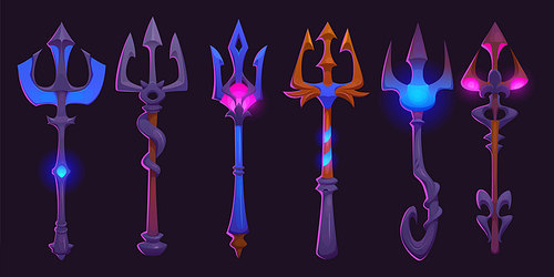 Magic trident staffs set isolated on black background. Vector cartoon illustration of wooden stick with iron, gold weapon tip decorated with neon blue, pink gemstones, wizard tool, ancient instrument