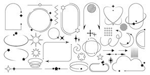 Y2k line frame and border for 2000s design. Simple outline vector illustration collection of aesthetic minimal graphic box of geometric oval, circle and arch forms with star, sparkle and flower shapes