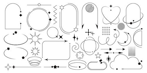 Y2k line frame and border for 2000s design. Simple outline vector illustration collection of aesthetic minimal graphic box of geometric oval, circle and arch forms with star, sparkle and flower shapes