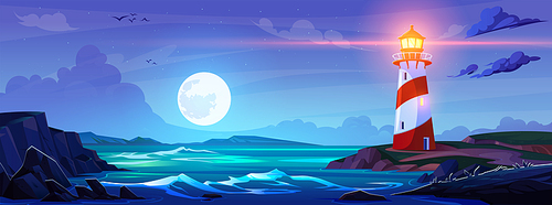 Summer night cartoon landscape with lighthouse on rocky coast of ocean or sea, starry sky with fool moon. Vector panoramic illustration of dusk seashore with rays from light beacon tower on cliff.