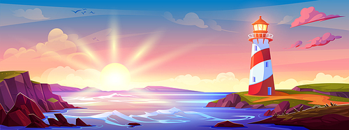 Island sea coast with lighthouse on sunset vector illustration. Light house above pink sky and yellow sun beam peaceful seashore landscape background. Nautical rock coastline in evening design
