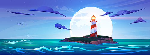 Lighthouse in night sea on rock island landscape illustration. Beacon on cliff in ocean water above full moon. Seascape harbor scenery with navigation building in Oregon. Navigation light ray