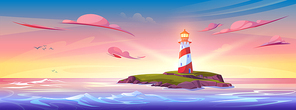 Summer sunset or sunrise cartoon landscape with lighthouse on rocky coast of island in ocean or sea, yellow and pink gradient sky. Vector panoramic illustration with light beacon tower on cliff.