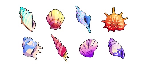 Sea shell and vessels game assets set. Cartoon vector illustration collection of cute marine underwater seashell for rpg gui design. Colorful nautical or aquarium horned, spiral and scallop conch.