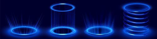 Hologram effect of circle digital portals with blue neon light. Futuristic podiums, teleport platforms with glow and sparkles isolated on black background, vector realistic set