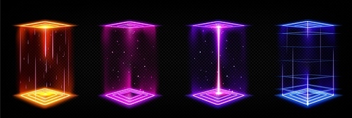 Futuristic portals, magic hologram teleport with square podium. Time travel booth, virtual reality projector with colorful light beams. Sky-fi HUD technology style GUI, UI 3d Vector illustration