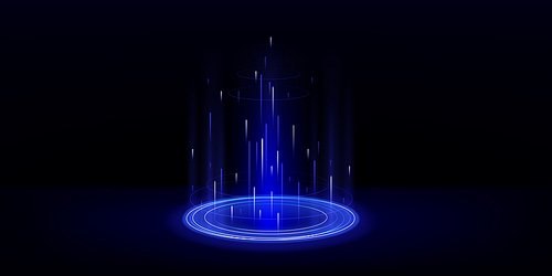 Futuristic circle portal glowing on black background. Vector realistic illustration of neon blue teleport with hologram effect, light beams. Virtual reality game design element. Sci-fi projector light