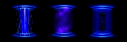 Magic portal, teleport with hologram effect. Circle futuristic podiums with blue neon light. Digital energy rings with glow, sparks and mist isolated on black background, vector realistic set