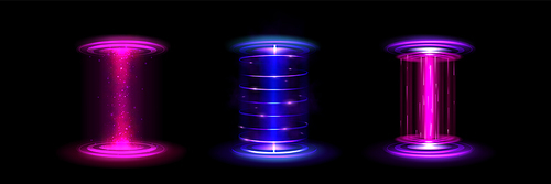 Game portal with neon glowing effect - round platforms with pink and blue light rays for moving in space or time. Realistic vector set of magic futuristic cyber podiums for teleport and hologram.