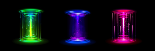 Game holographic portal with neon glow effect - circle platforms with pink, blue and green light beams to travel in space or time. Realistic vector set of fantastic futuristic podiums for teleport.