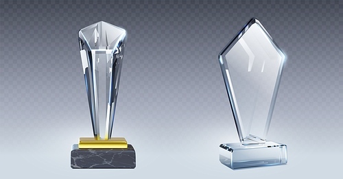 Glass award mockup with empty transparent plate on base. Realistic vector illustration set of crystal trophy for sport competition or business achievement and recognition prize. Acrylic winner cup.