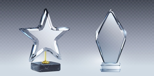 Glass trophy star and rhombus mockup with empty transparent acrylic shape on base. Realistic vector set of plexiglass award for sport competition winner or business achievement and recognition prize.