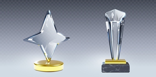 Set of 3D crystal trophy mockups isolated on transparent background. Vector realistic illustration of star, rhombus shape winner awards on golden and stone platforms, champion prize, achievement