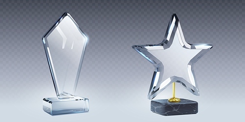 3D glass awards set isolated on transparent background. Vector realistic illustration of rhombus and star shape winner trophies on plastic, stone platforms, honor prize for best result in competition