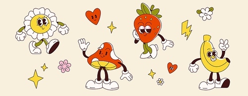 Retro groovy cartoon characters of daisy and mushroom, banana and strawberry with decorative elements. Vector set of cute fruits and flowers with funny face emotions and poses for vintage design.