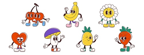 Retro groovy cartoon characters of fruits and flowers. Vector set of cute daisy and mushroom, banana and strawberry, cherry and pineapple, heart with funny face emotions and poses for vintage design.
