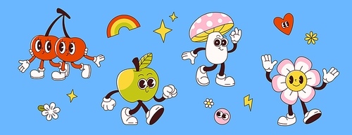 Y2k groovy characters set isolated on blue background. Vector cartoon illustration of happy cherry, mushroom, daisy flower, apple mascots smiling, rainbow, heart, star, lightning symbol, retrowave art