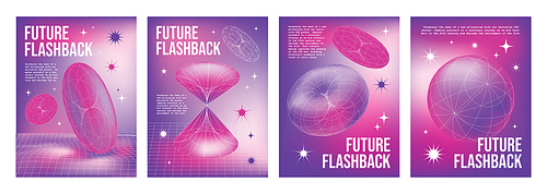 Y2k poster or cover design with abstract gradient pink and purple background and wireframe 3d geometric shape elements. Vector vertical banner template set with grid graphic form on pastel backdrop.